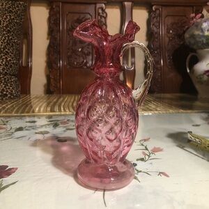 Vintage Fenton Cranberry Glass Diamond Optic Melon Ribbed Pitcher Ruffled Spou